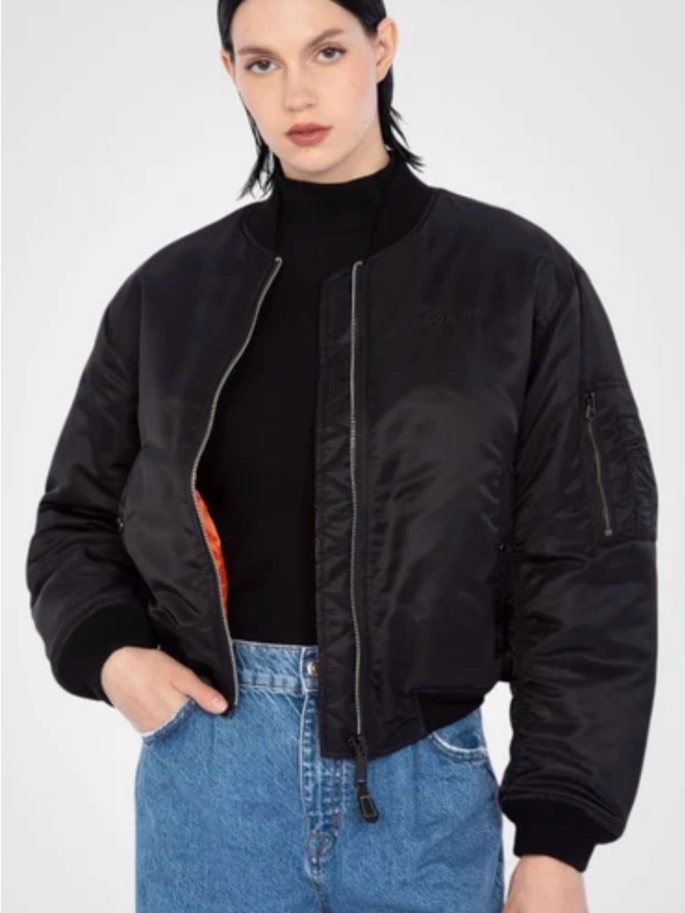 Black Bomber Jacket with Orange Lining - Women's Jacket